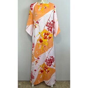 Vintage Pomare Tahiti Maxi Dress Floral Size Large ORANGE Mod‎ Psych 60s 70s